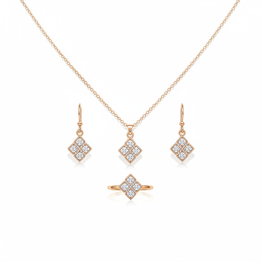 Woman wearing a diamond necklace, ring, and earrings on a neutral background