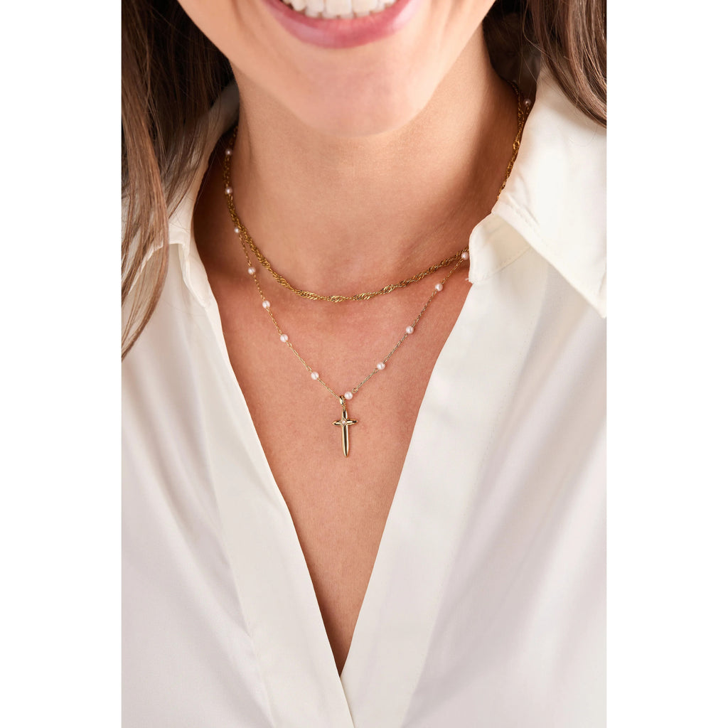 ALEX AND ANI — Cross 4:13 Pearl Rosary Chain Pendant Necklace