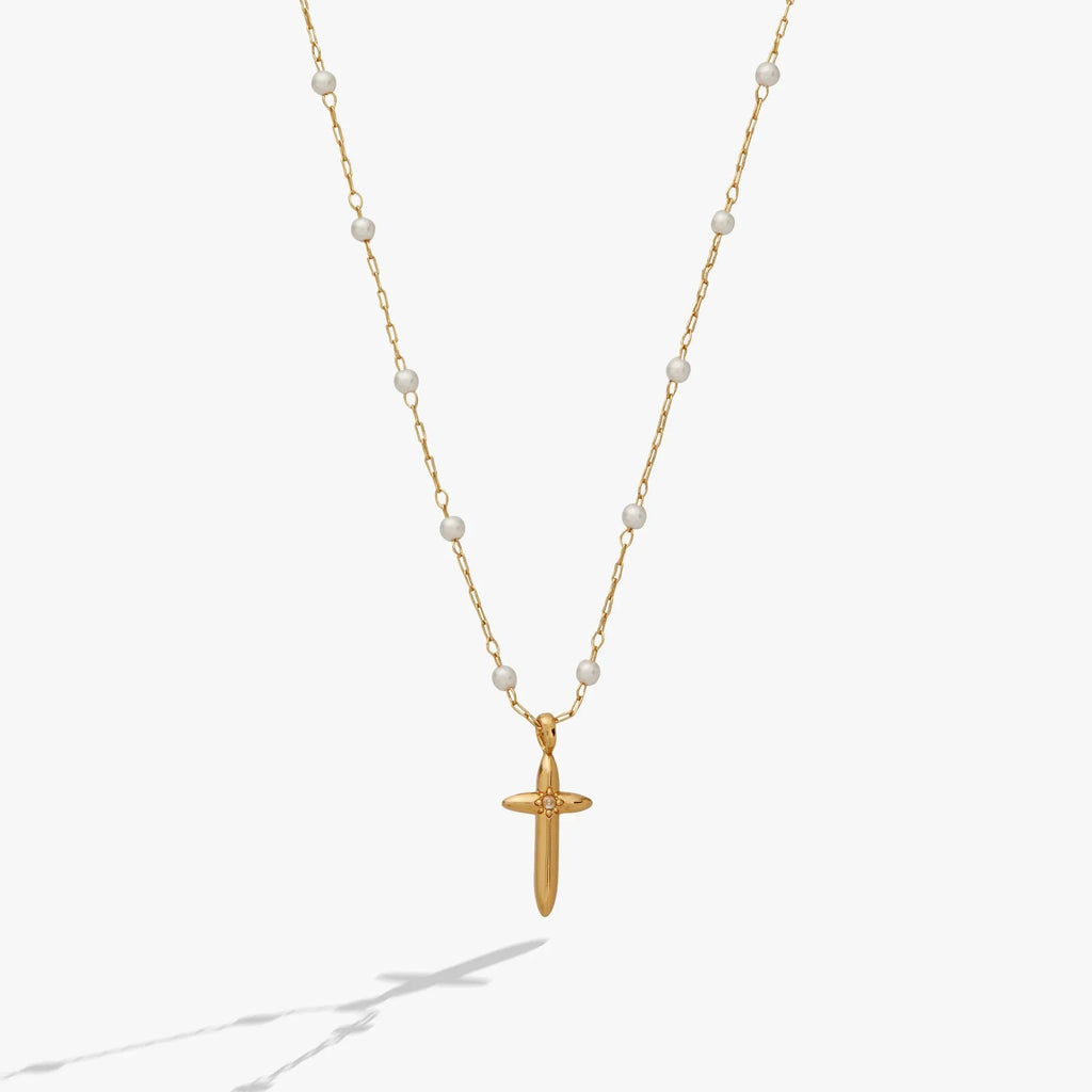 ALEX AND ANI — Cross 4:13 Pearl Rosary Chain Pendant Necklace