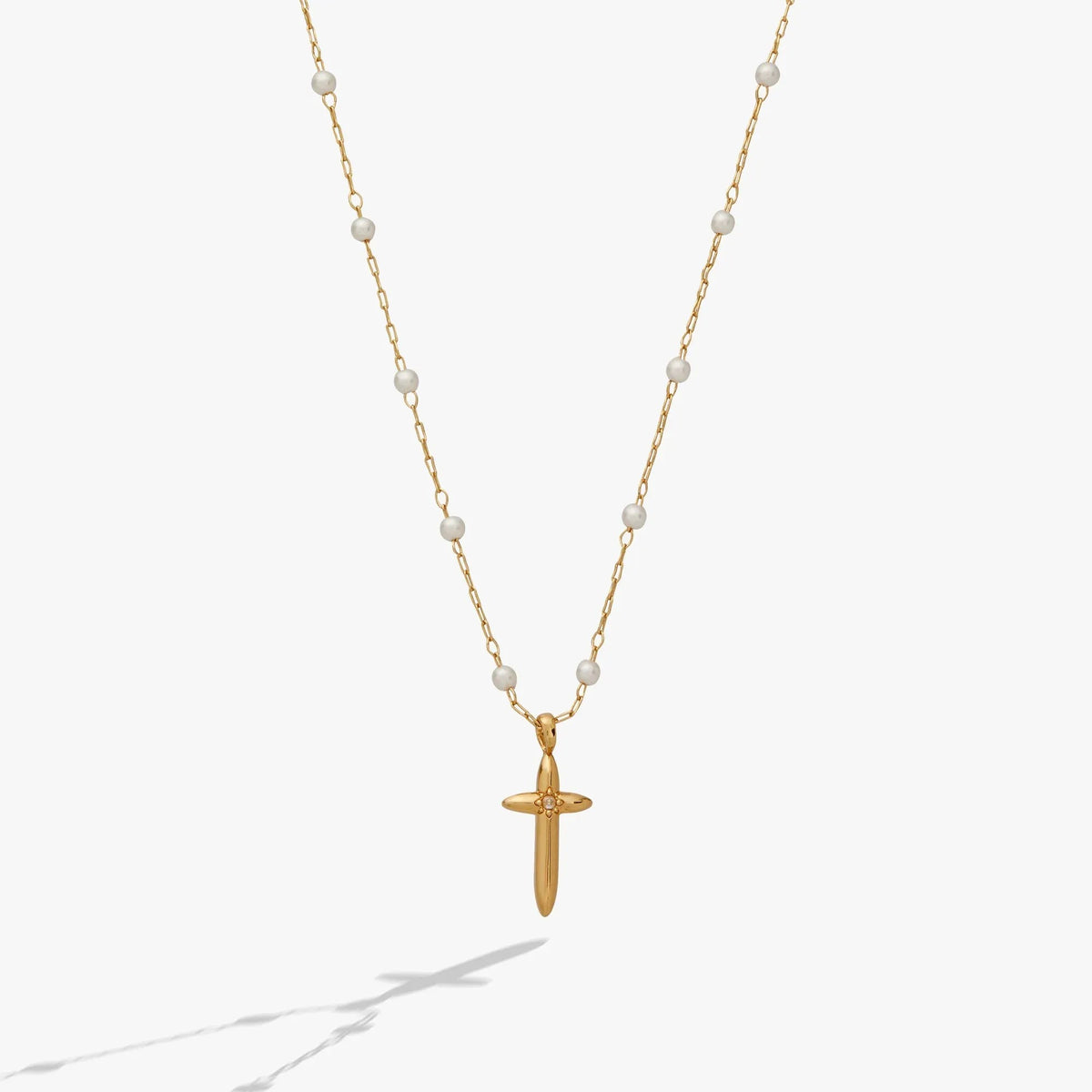 ALEX AND ANI — Cross 4:13 Pearl Rosary Chain Pendant Necklace