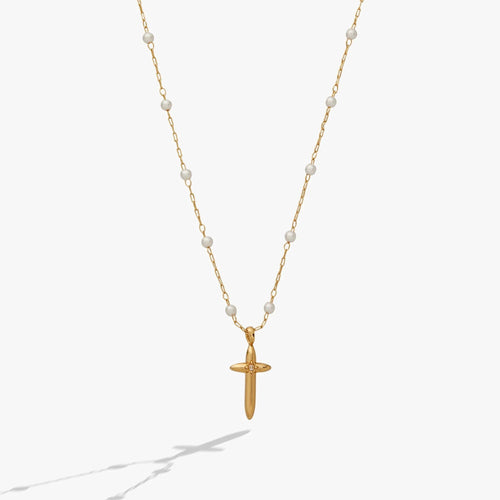 ALEX AND ANI — Cross 4:13 Pearl Rosary Chain Pendant Necklace