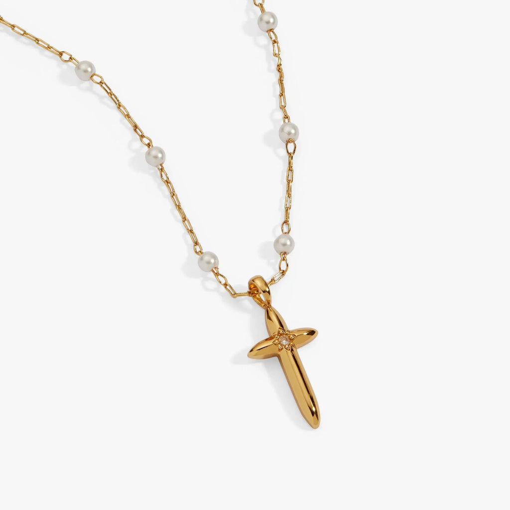 ALEX AND ANI — Cross 4:13 Pearl Rosary Chain Pendant Necklace