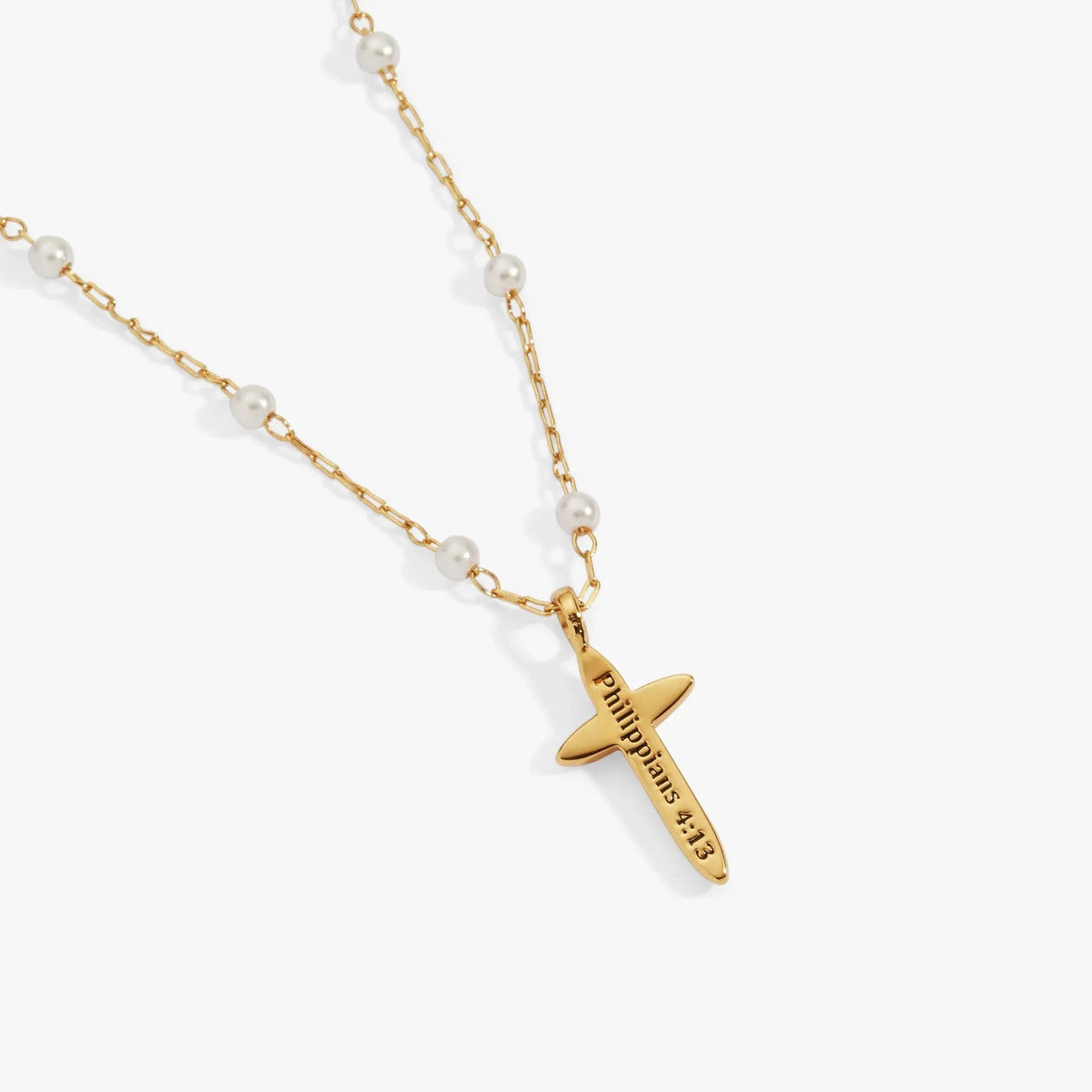 ALEX AND ANI — Cross 4:13 Pearl Rosary Chain Pendant Necklace