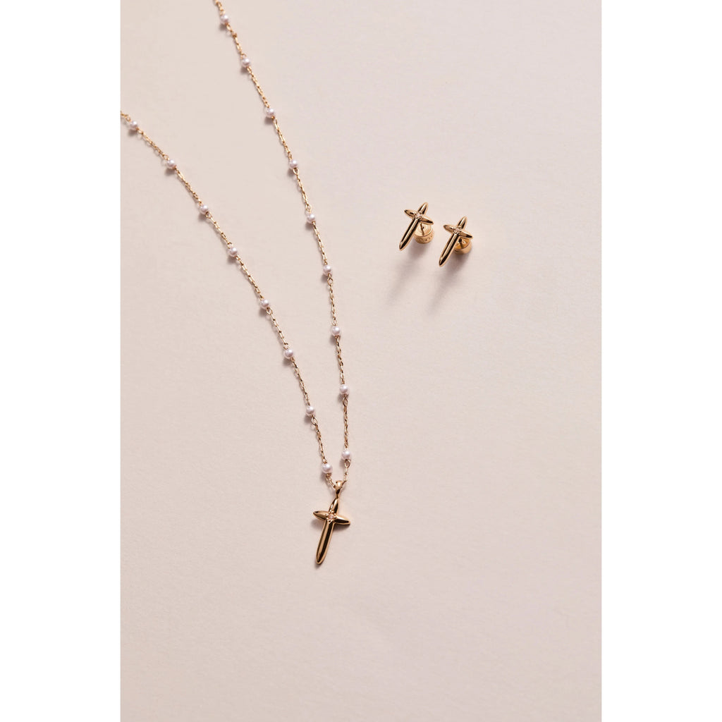 ALEX AND ANI — Cross 4:13 Pearl Rosary Chain Pendant Necklace