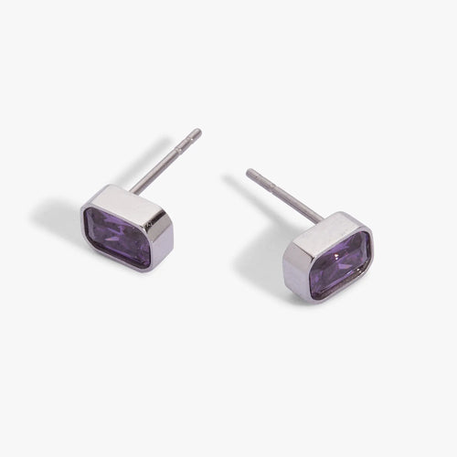 ALEX AND ANI — February Emerald-Cut Birthstone Stud Earrings