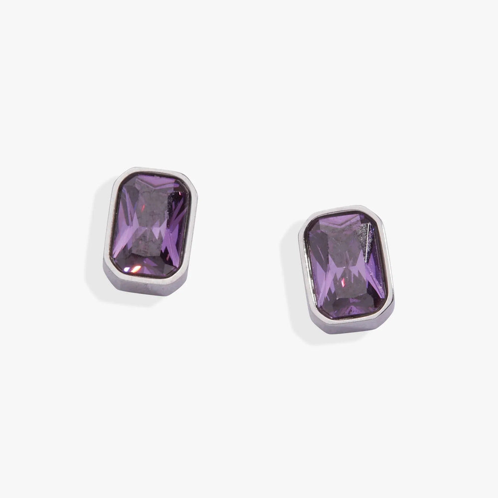 ALEX AND ANI — February Emerald-Cut Birthstone Stud Earrings