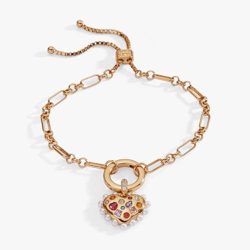 ALEX AND ANI — Puffy Heart Gemstone And Pearl Chain Bolo Bracelet