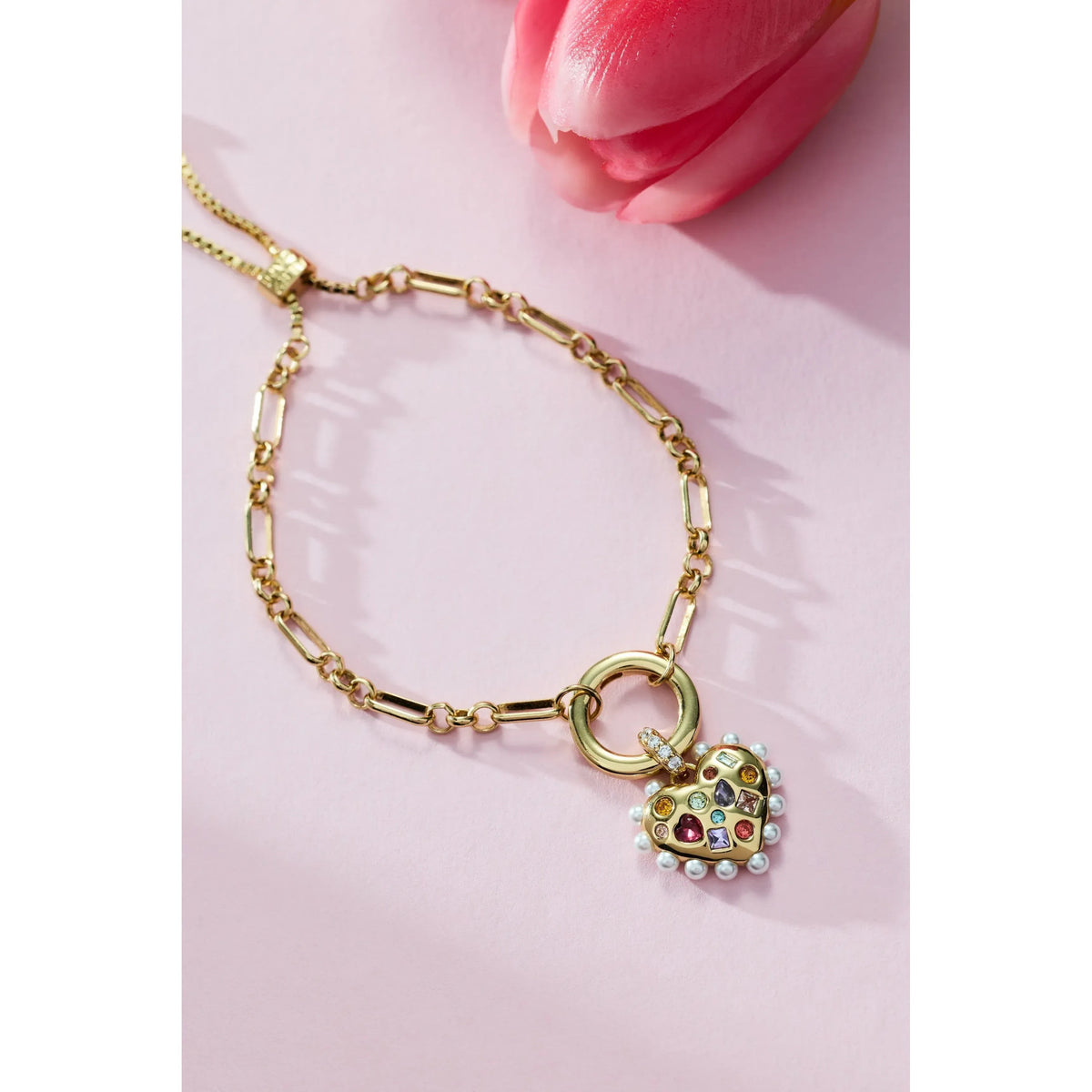 ALEX AND ANI — Puffy Heart Gemstone And Pearl Chain Bolo Bracelet