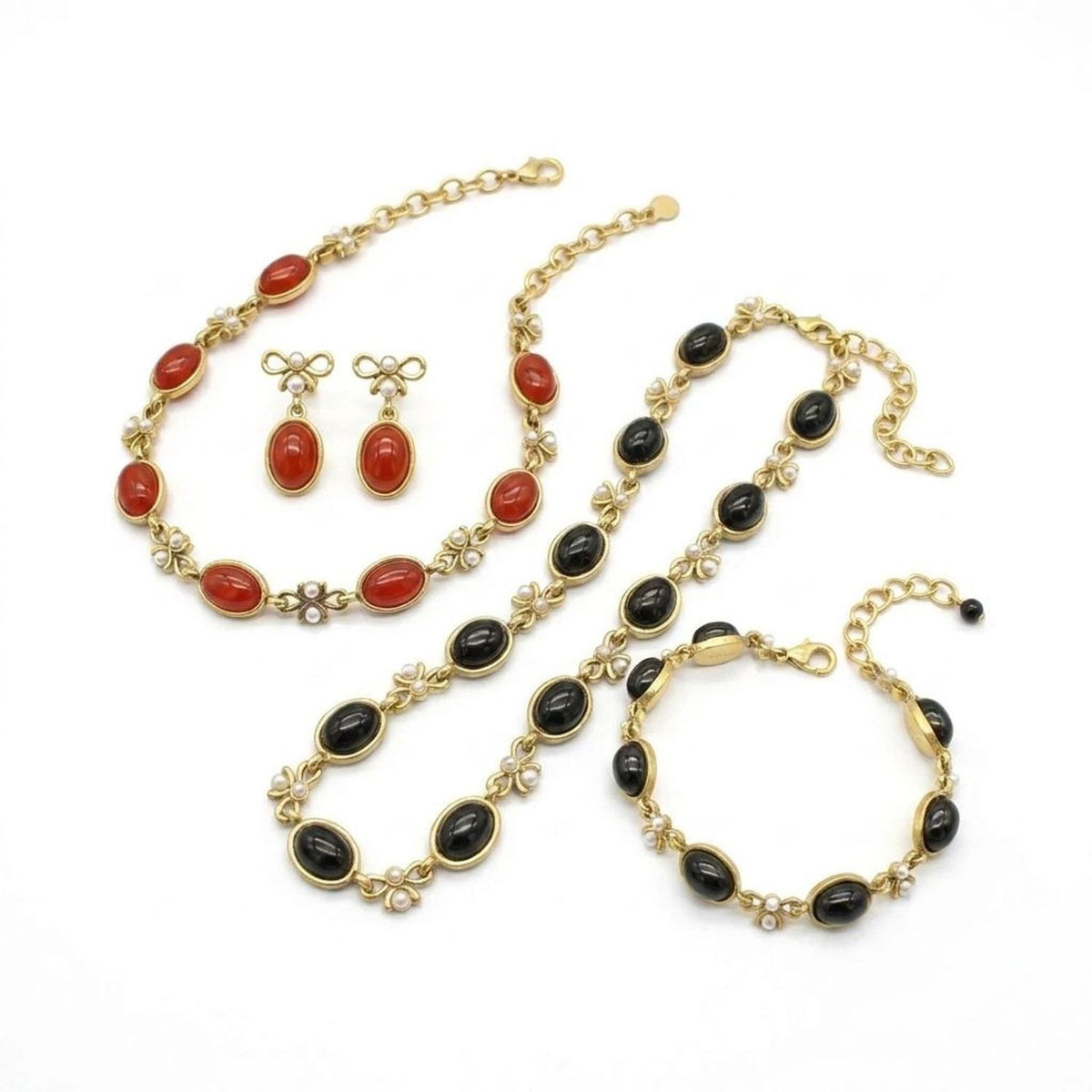Antique Bow Glass Jewelry Set - Oval Pendant, Stud Earrings & Bracelet