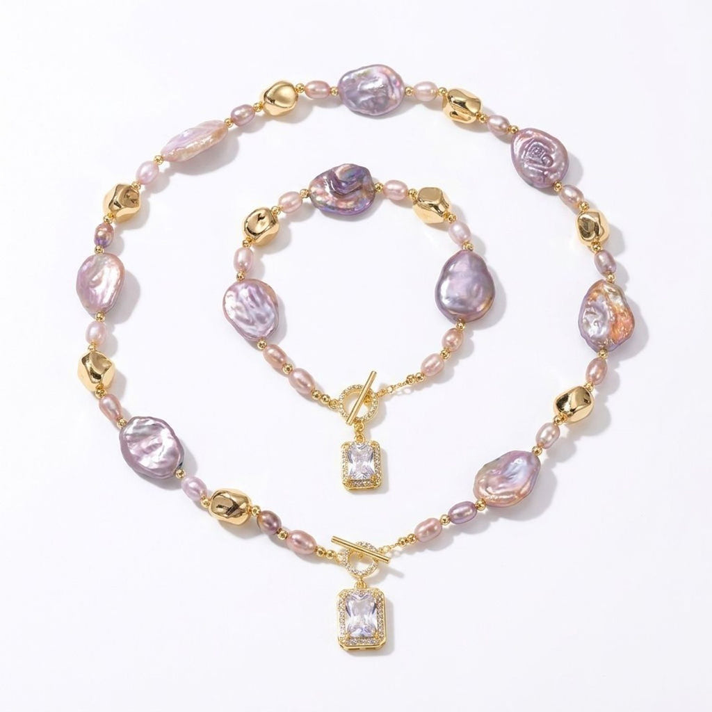 Baroque Natural Freshwater Pearl Necklace & Bracelet Set, Square 15x20mm Jewelry