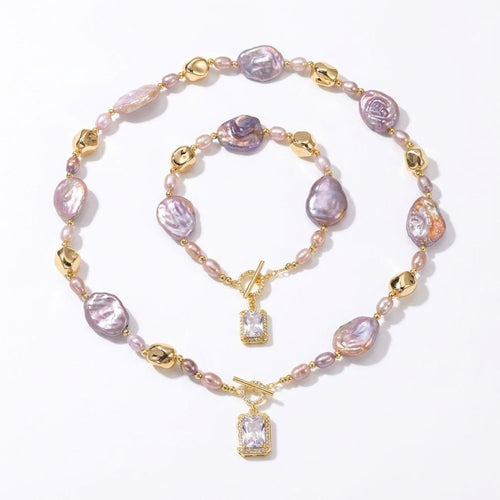 Baroque Natural Freshwater Pearl Necklace & Bracelet Set, Square 15x20mm Jewelry