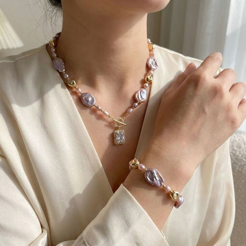 Baroque Natural Freshwater Pearl Necklace & Bracelet Set, Square 15x20mm Jewelry — lifestyle