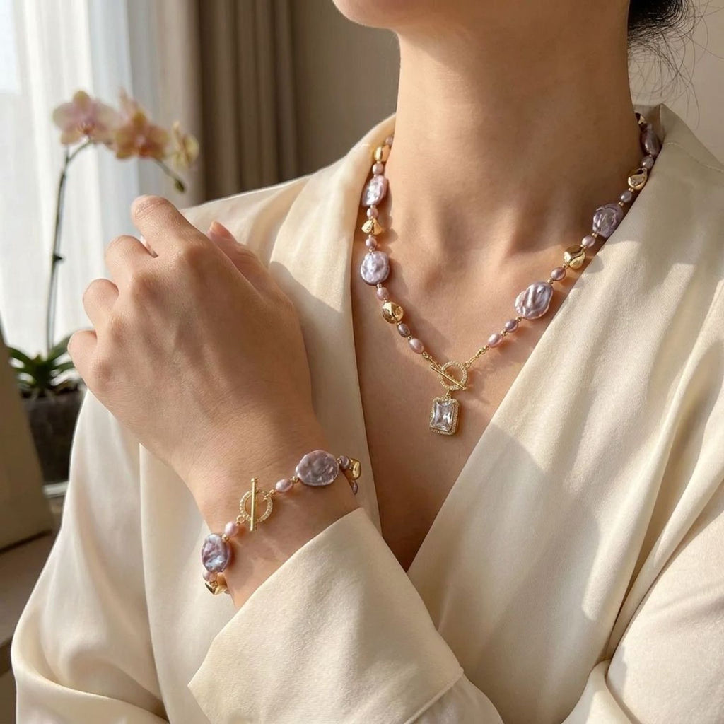 Baroque Natural Freshwater Pearl Necklace & Bracelet Set, Square 15x20mm Jewelry — lifestyle