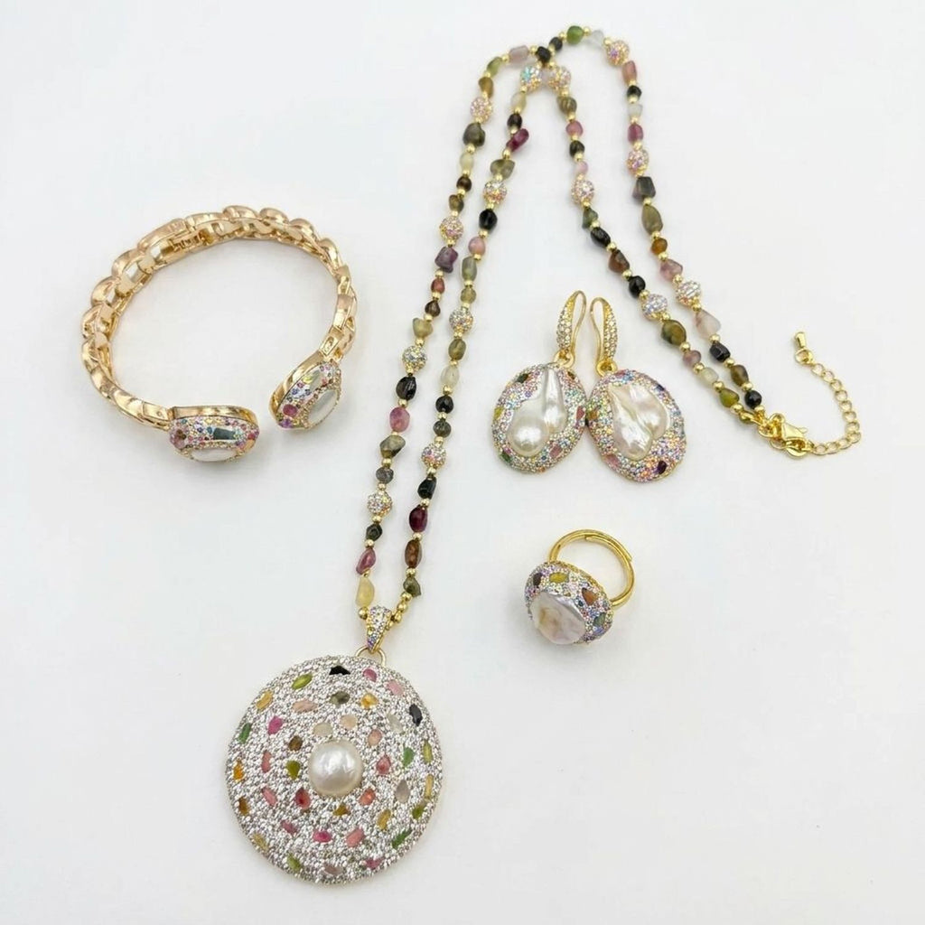 Baroque Pearl Heirloom Jewelry Set - Pearl Necklace, Earrings, Bangle & Rings
