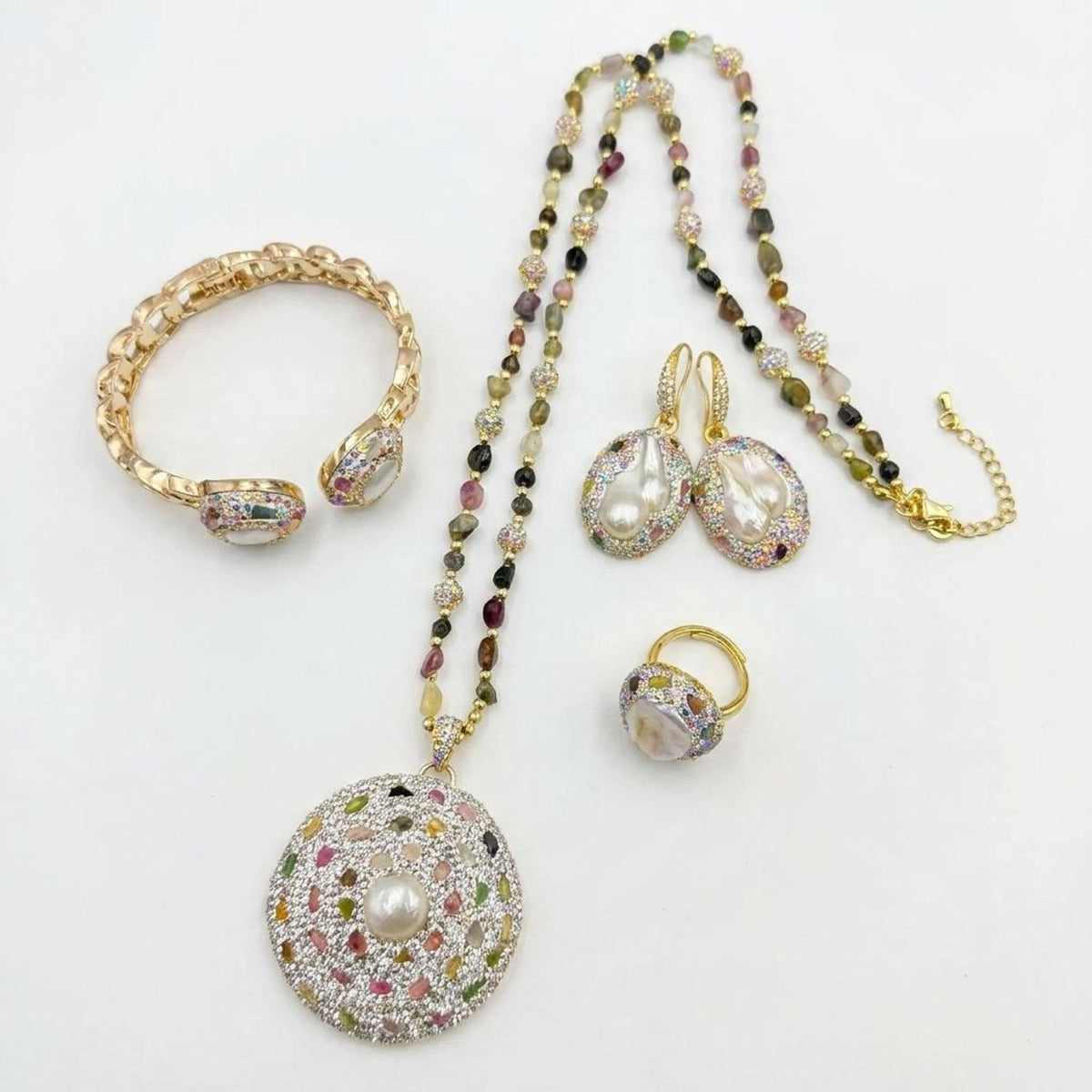 Baroque Pearl Heirloom Jewelry Set - Pearl Necklace, Earrings, Bangle & Rings