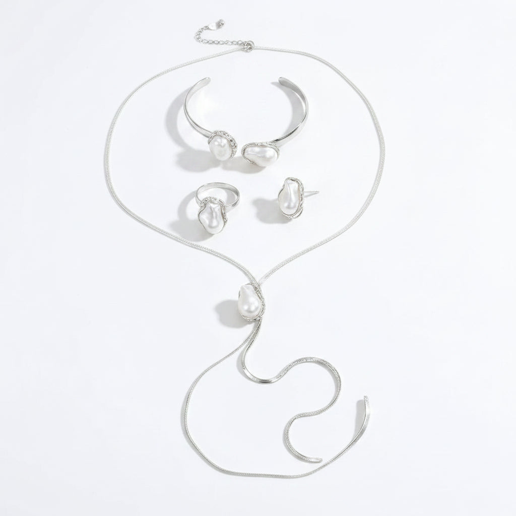 Baroque Pearl Jewelry Set - Gold Tone Necklace, Earrings, Bangle & Ring