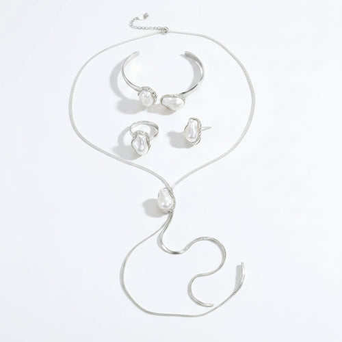 Baroque Pearl Jewelry Set - Gold Tone Necklace, Earrings, Bangle & Ring