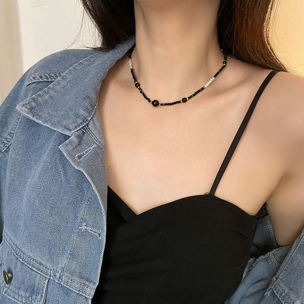 Black Onyx Beaded Pearl Choker – Handmade Artisan Necklace