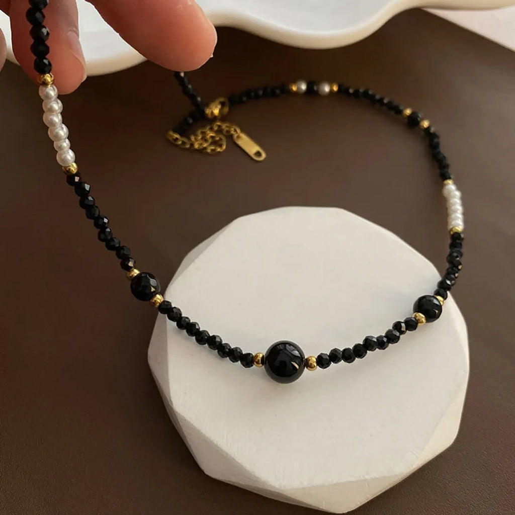 Black Onyx Beaded Pearl Choker – Handmade Artisan Necklace