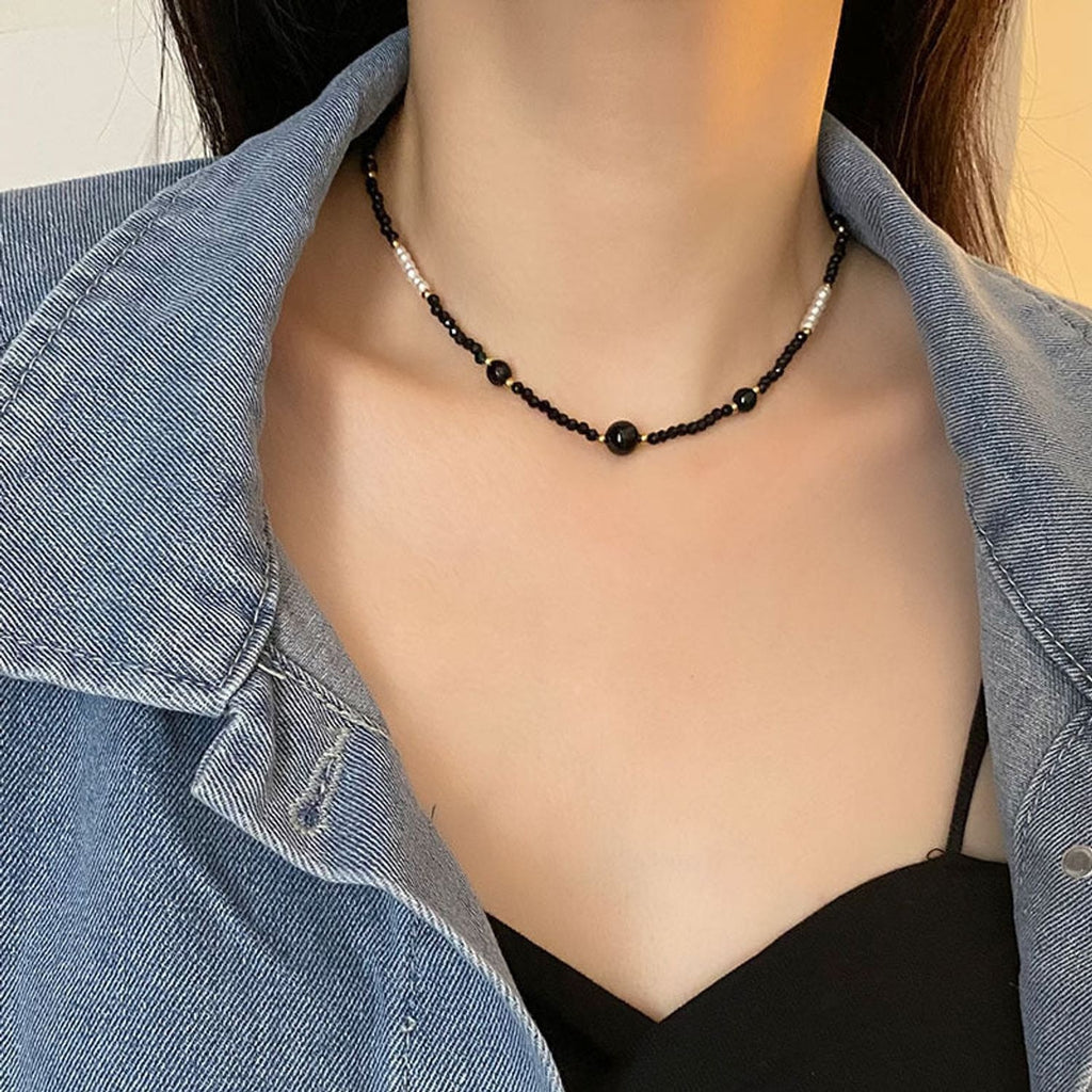 Black Onyx Beaded Pearl Choker – Handmade Artisan Necklace