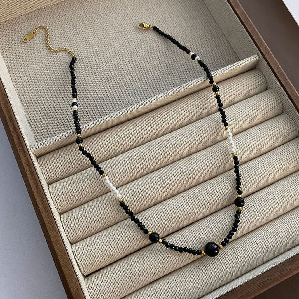 Black Onyx Beaded Pearl Choker – Handmade Artisan Necklace
