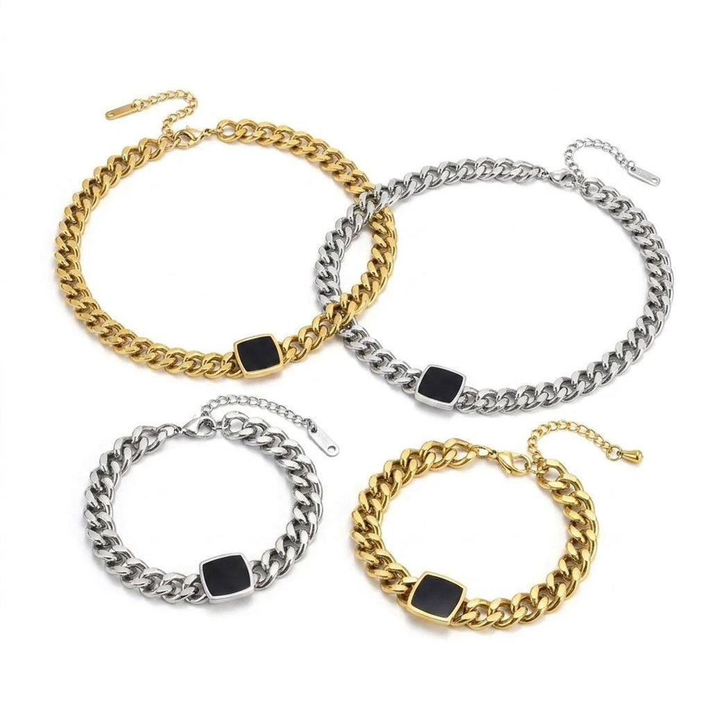 Black Shell Square Link Titanium Steel Gold Chain & Gold Necklace Set