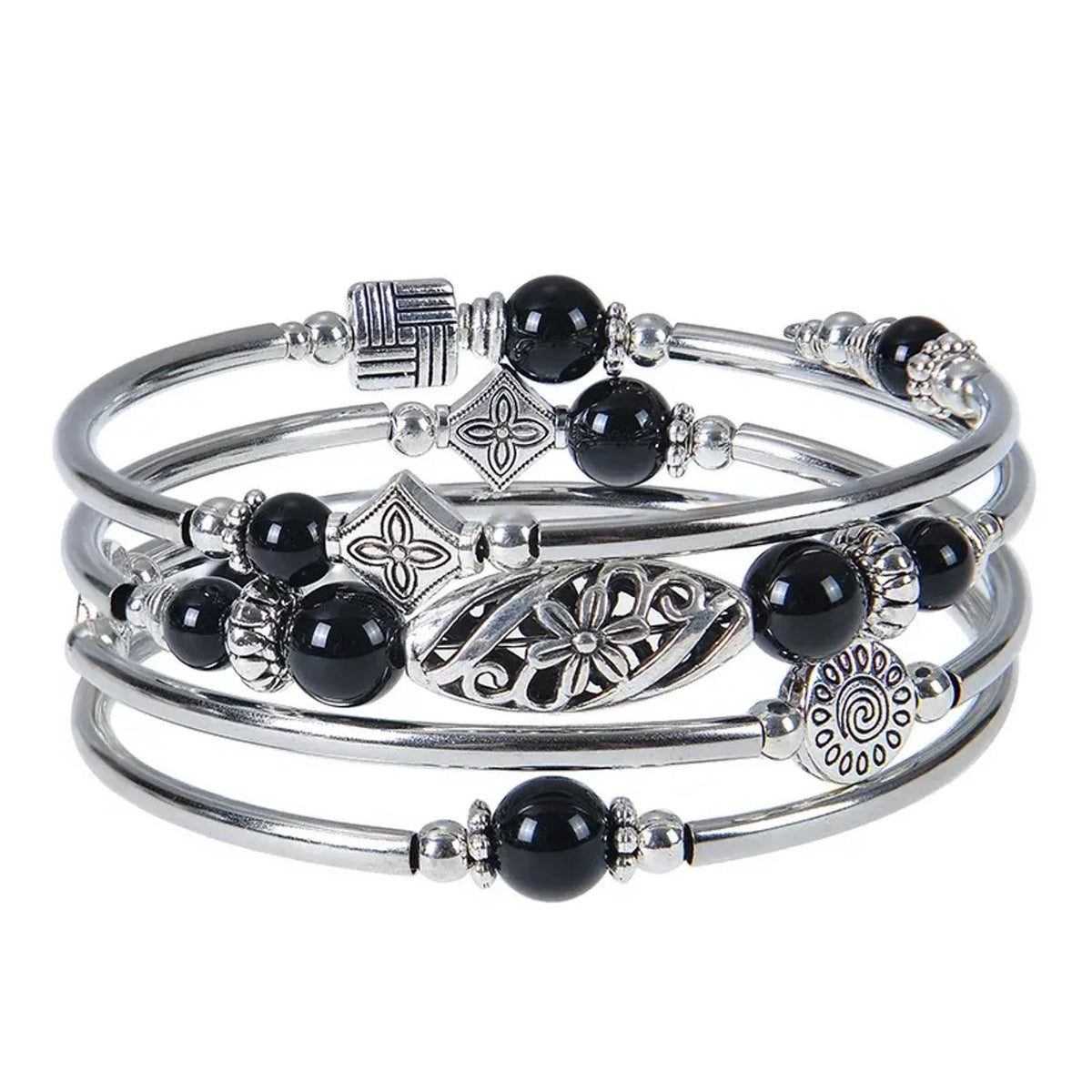 Bohemian Four-Wrap Natural Stone Beaded Bracelet, Layered Stretch Wristband
