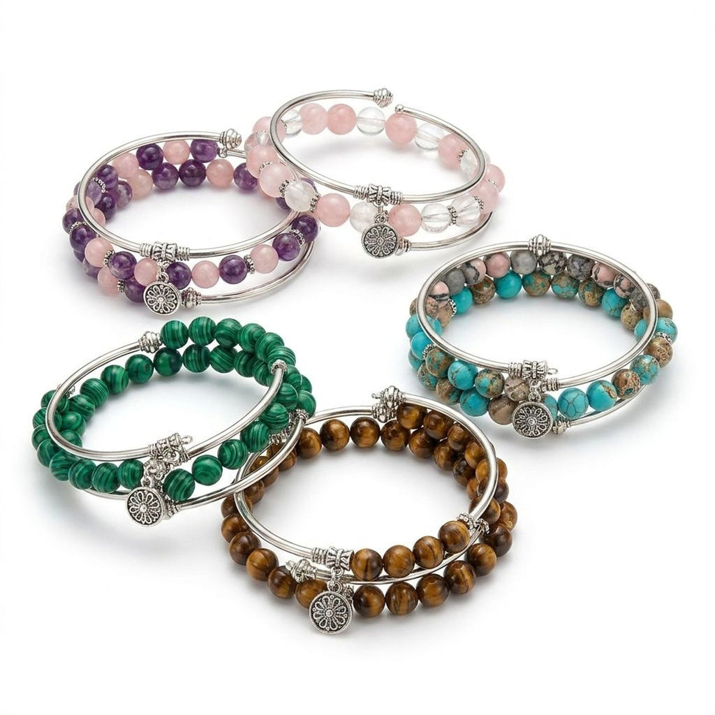 Bohemian Four-Wrap Natural Stone Beaded Bracelet, Layered Stretch Wristband — all variants