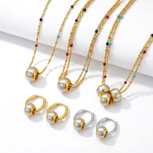 Brushed Stainless Steel Geometric Layered Necklace and Earrings Set for Women — all variants