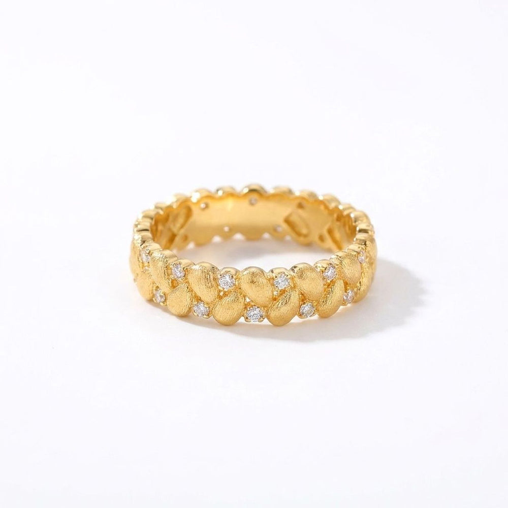 Brushed Wheat Ear Open Ring - Gold Plated Brass with Zircon Accent