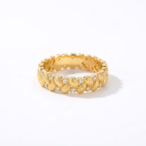 Brushed Wheat Ear Open Ring - Gold Plated Brass with Zircon Accent