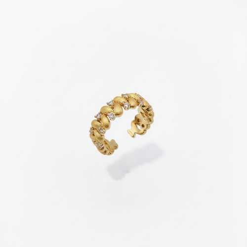 Brushed Wheat Ear Open Ring - Gold Plated Brass with Zircon Accent