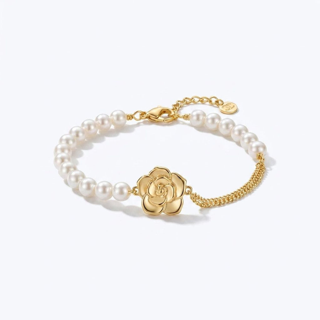 Camellia Pearl Claw-Chain Bracelet - Brass Floral Charm Bracelets for Women