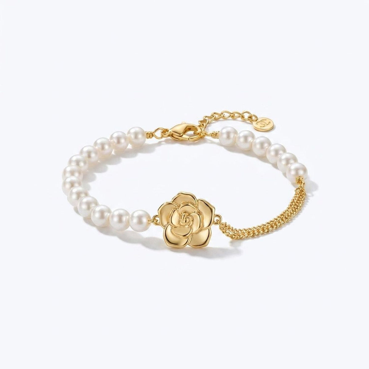 Camellia Pearl Claw-Chain Bracelet - Brass Floral Charm Bracelets for Women