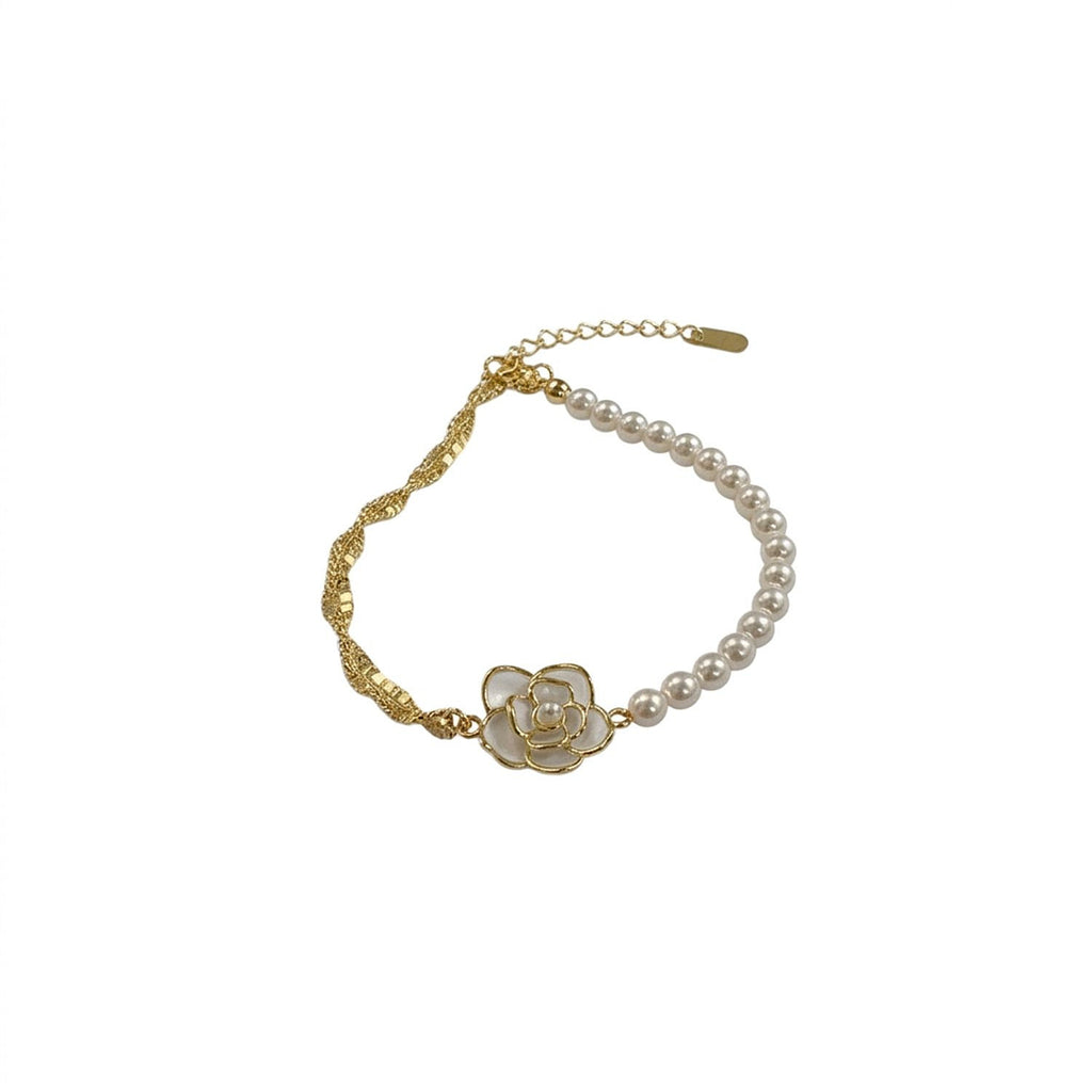 Camellia Pearl Claw-Chain Bracelet - Brass Floral Charm Bracelet for Women