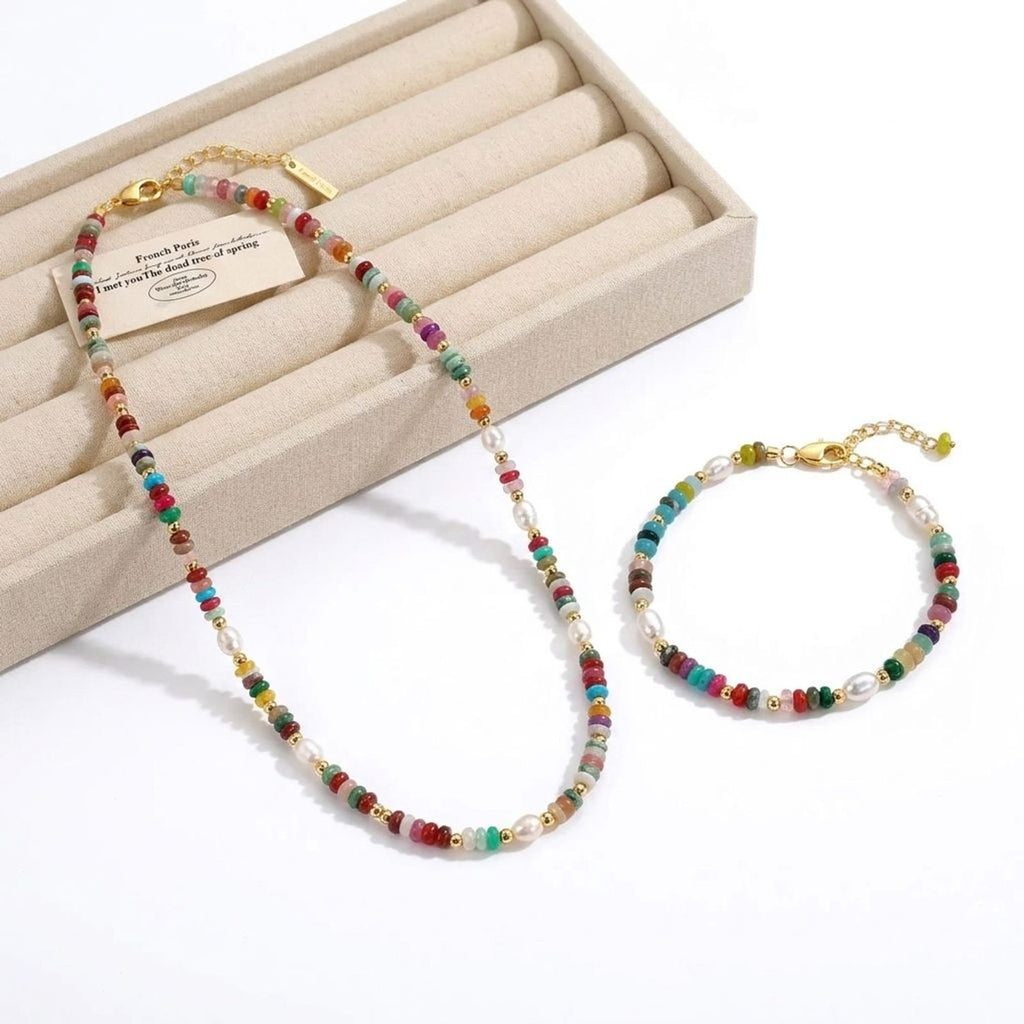 Candy Stone and Freshwater Pearl Beaded Jewelry Set - Necklace or Bracelet — all variants