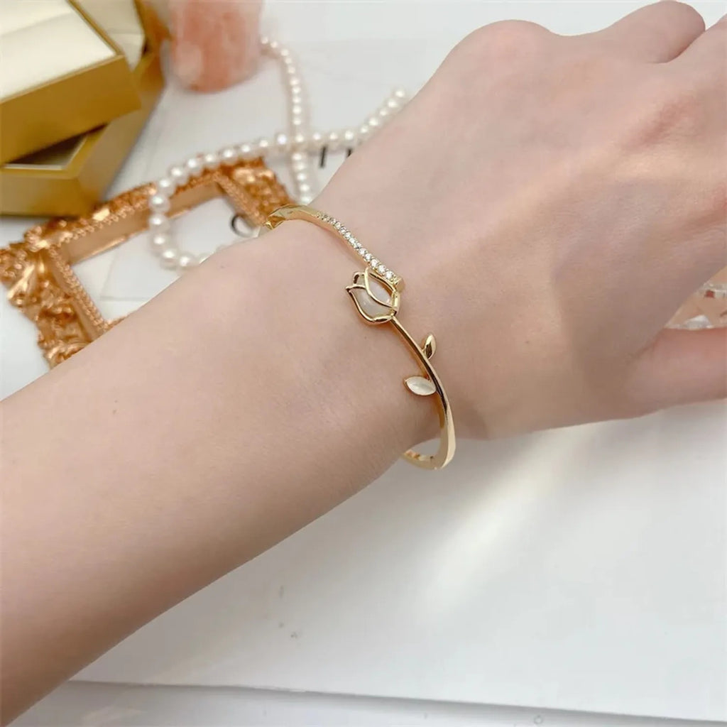 Cat's Eye Tulip Flower Bangle Bracelet