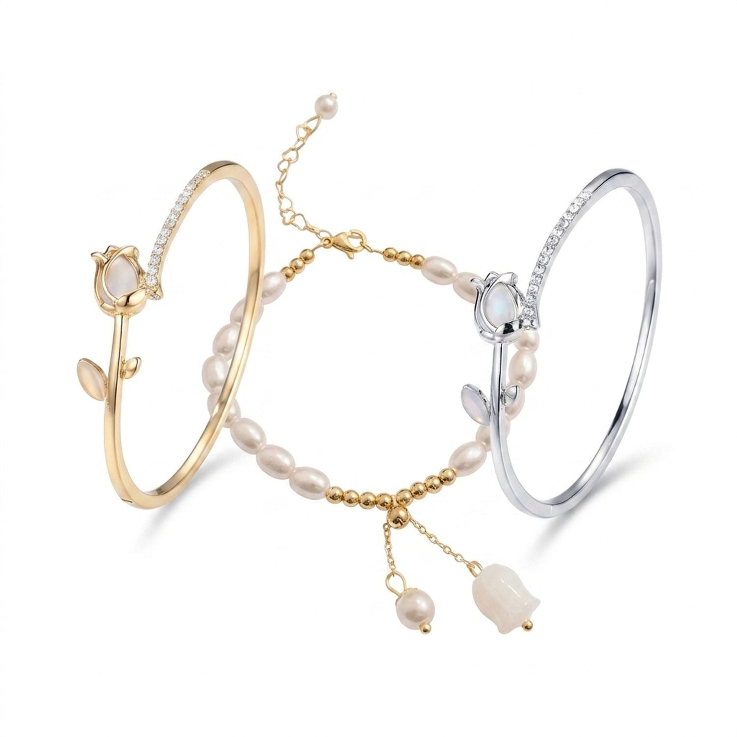 Cat's Eye Tulip Flower Bangle Bracelet for Women, Plated Alloy & Pave Cubic Zirconia — all variants