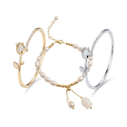 Cat's Eye Tulip Flower Bangle Bracelet for Women, Plated Alloy & Pave Cubic Zirconia — all variants