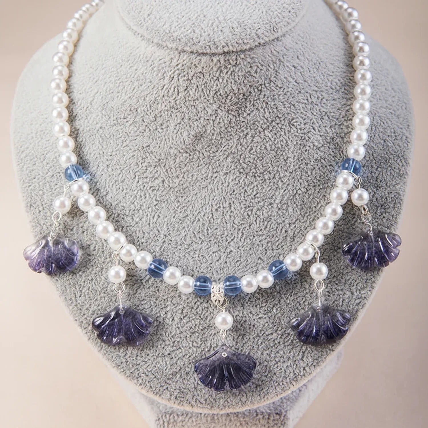 Chinese Style Ink Blue Pearl & Ginkgo Necklace Set
