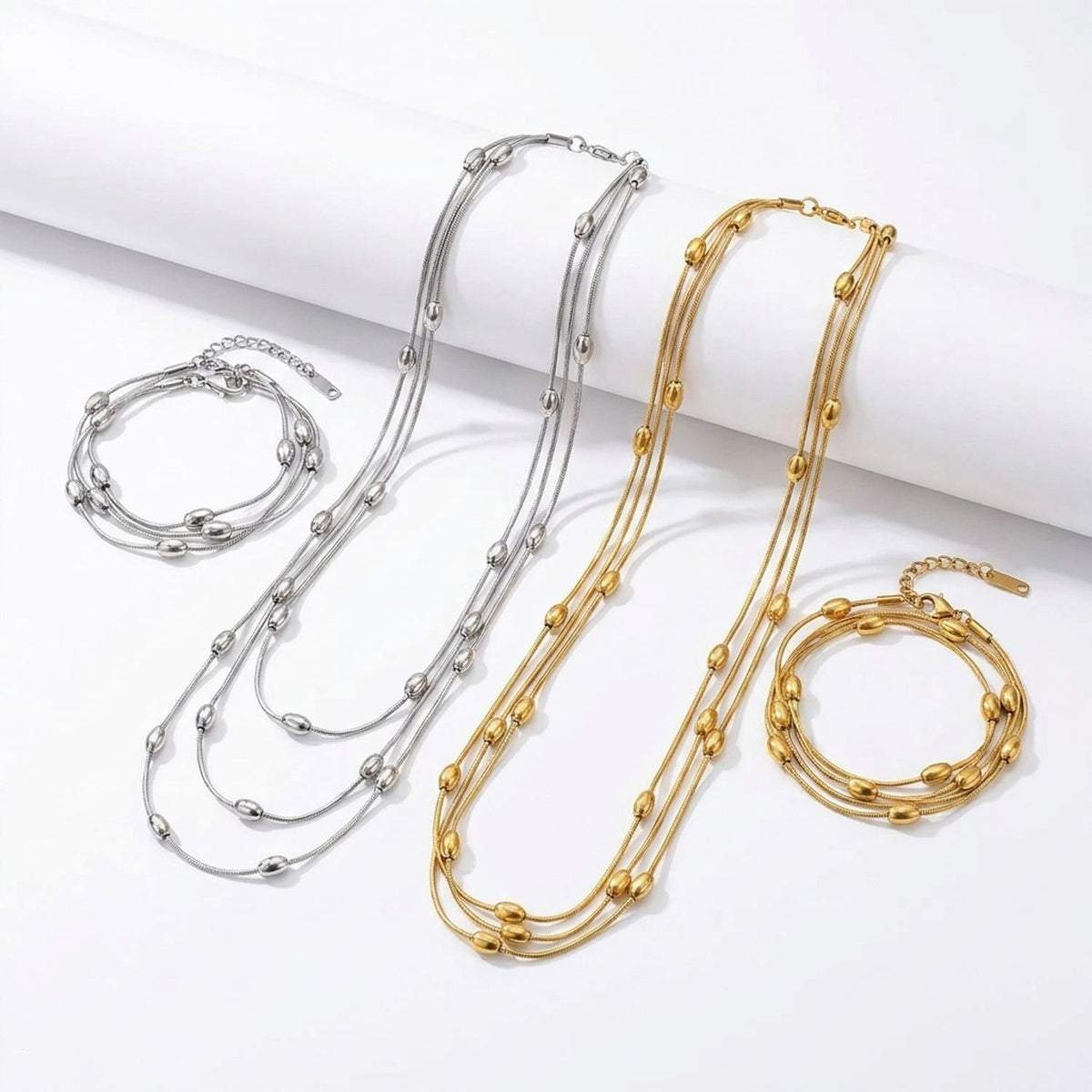 Titanium Steel Long Necklace & Bracelet Set, Tarnish-Free Jewelry