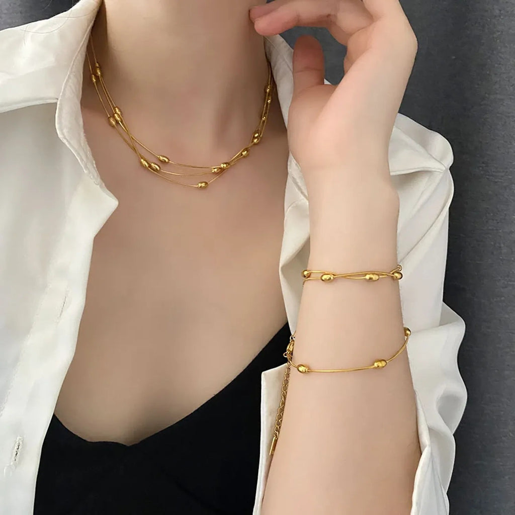 Titanium Steel Long Necklace & Bracelet Set, Tarnish-Free Jewelry