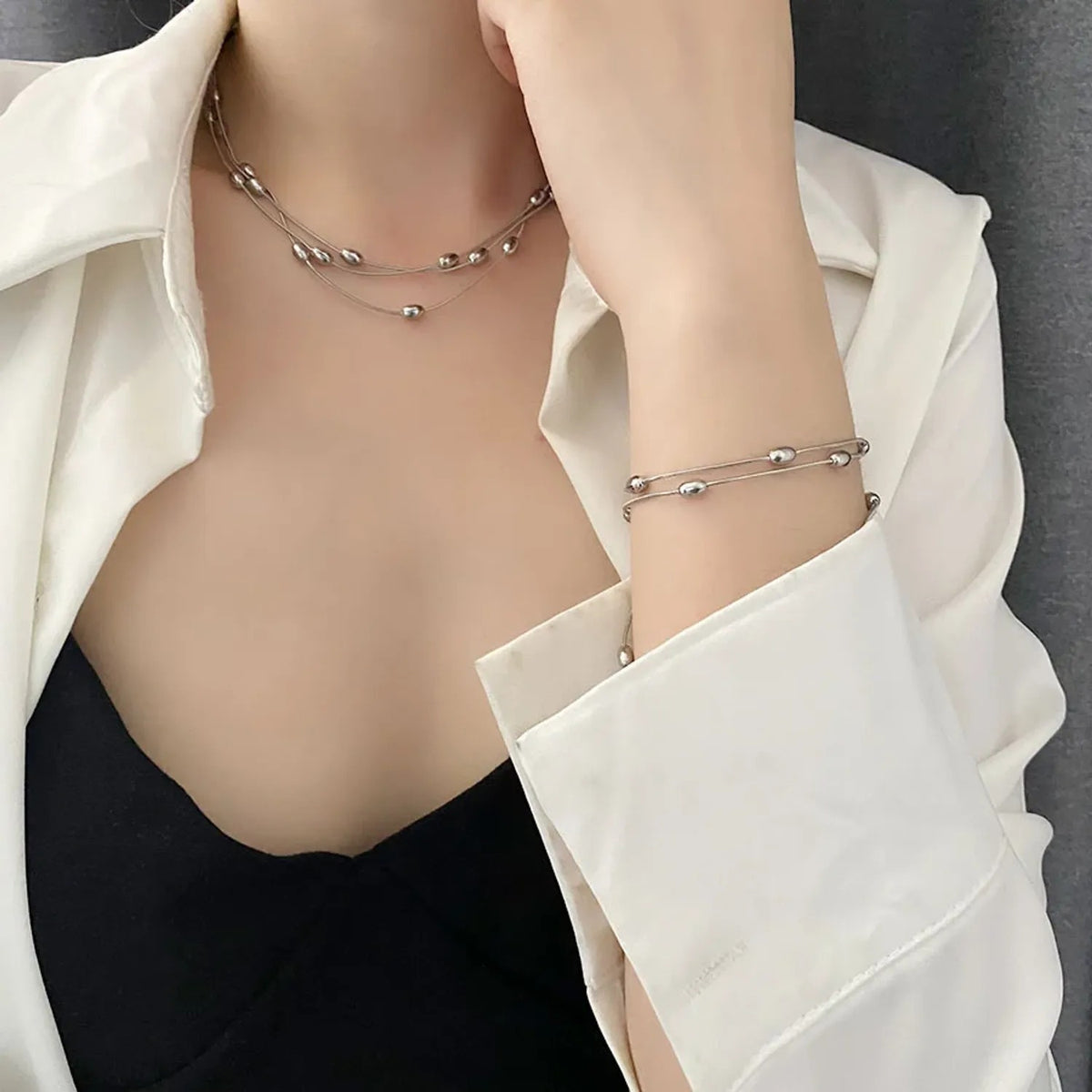 Titanium Steel Long Necklace & Bracelet Set, Tarnish-Free Jewelry