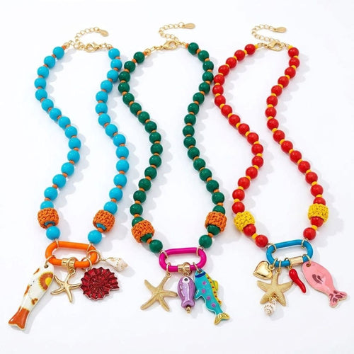 Coastal Starfish Bead Necklace - Woven Shell Charm Jewelry — all variants