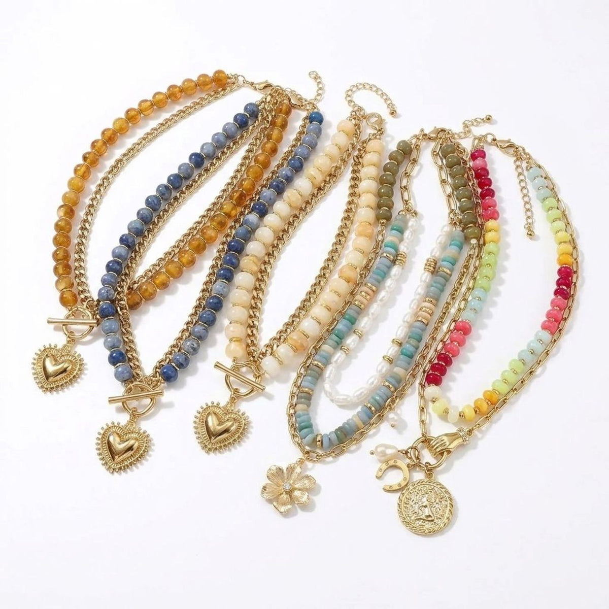 Colorful Beaded Heart Pendant Layered Necklace for Women, Y2K Clavicle Chain