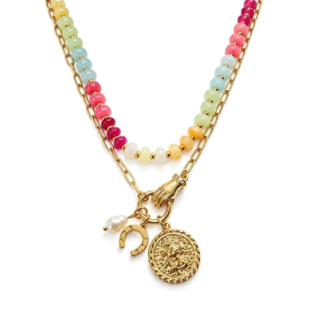 Colorful Beaded Heart Pendant Layered Necklace for Women, Y2K Clavicle Chain