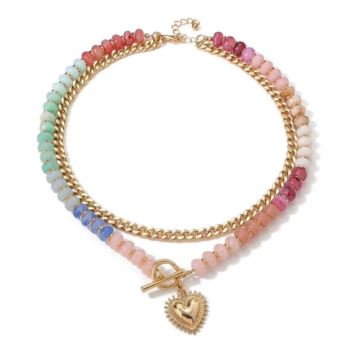 Colorful Beaded Heart Pendant Layered Necklace for Women, Y2K Clavicle Chain