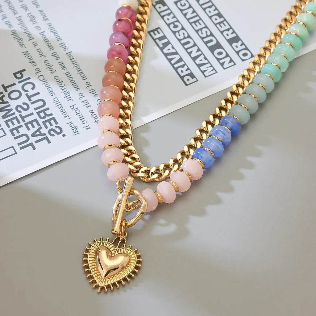 Colorful Beaded Heart Pendant Layered Necklace for Women, Y2K Clavicle Chain