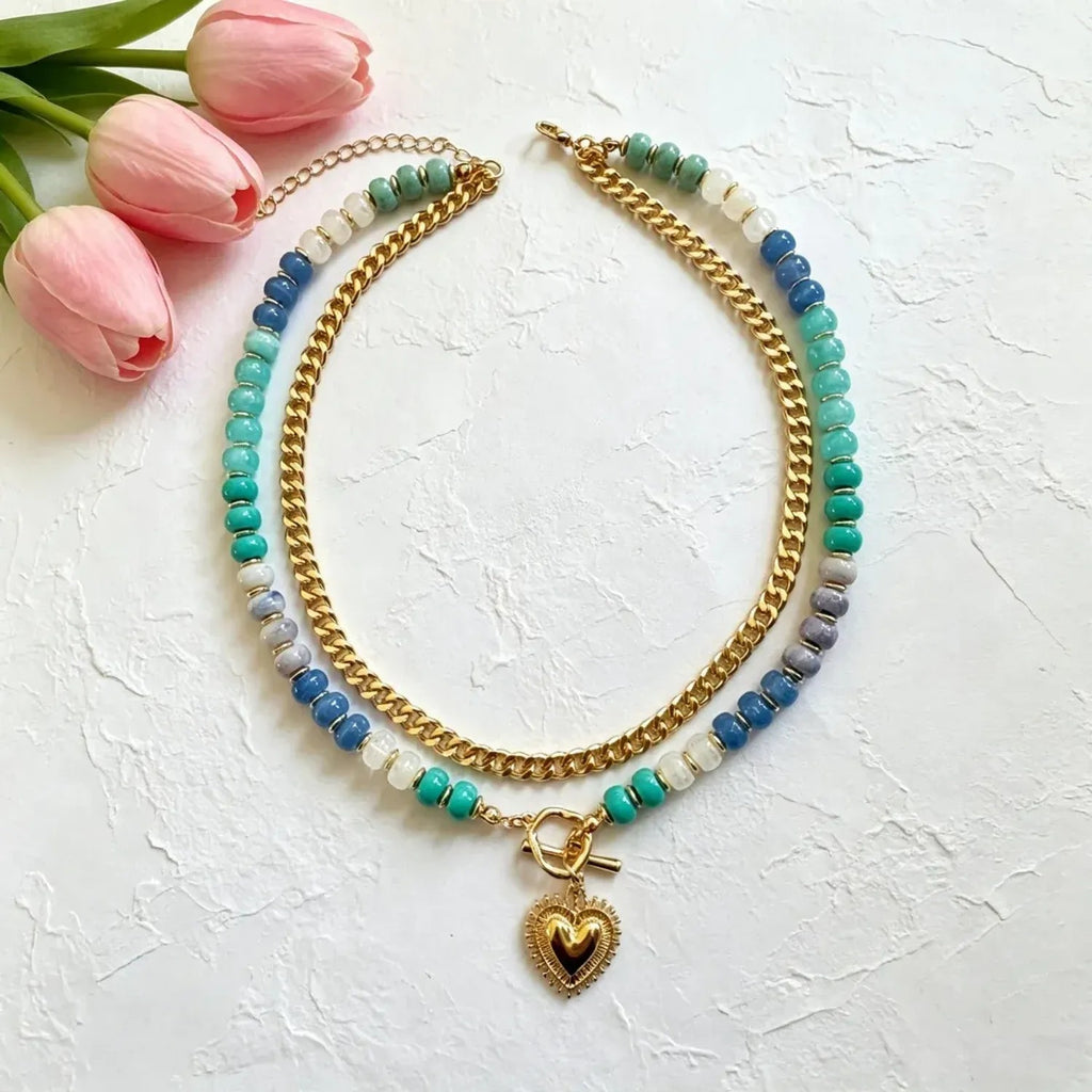 Colorful Beaded Heart Pendant Multi-Layer Necklace for Women