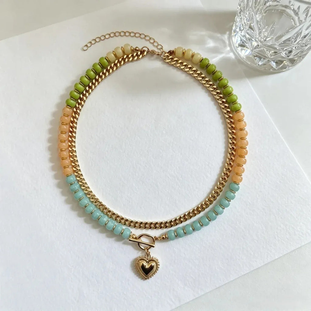 Colorful Beaded Heart Pendant Multi-Layer Necklace for Women